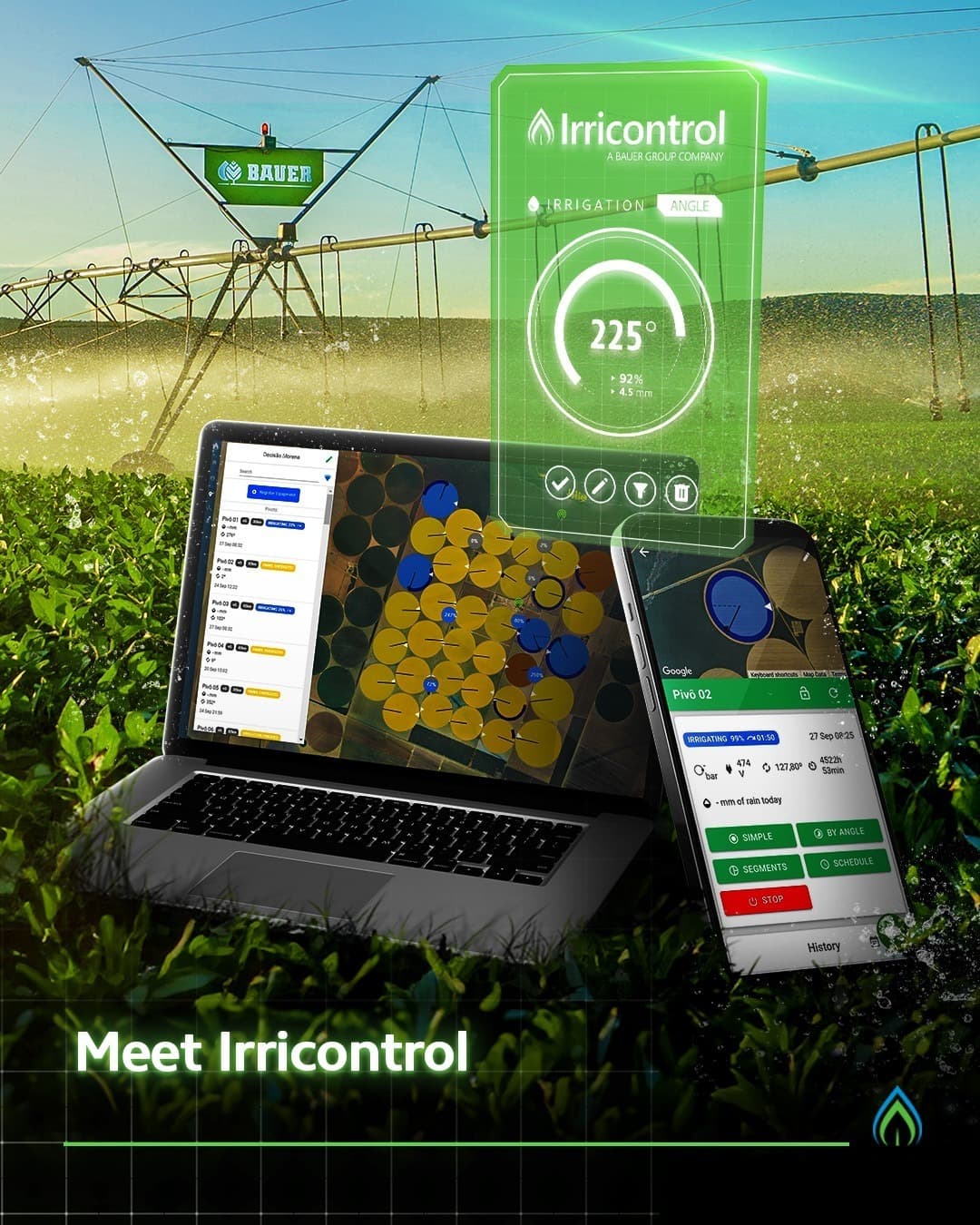 Bauer IrriControl app på laptop och mobil med pivot i fält