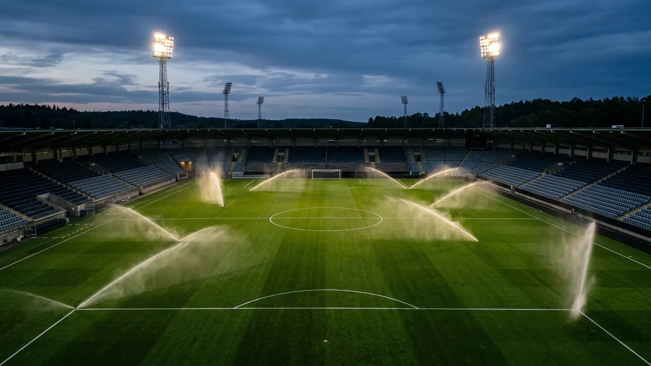 Pop-up-sprinkler i aktiv drift på en grön fotbollsplan tidigt på morgonen