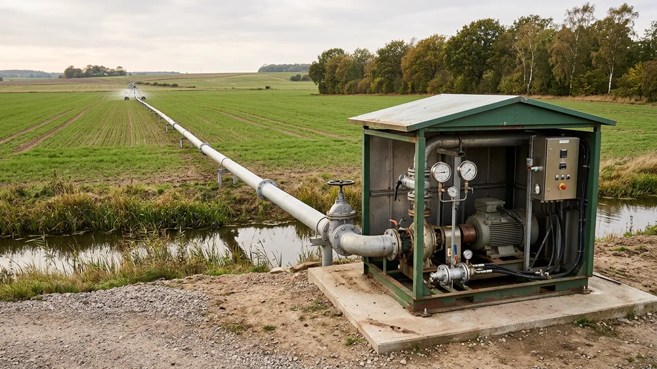 Pumpstation för bevattningsanläggning med rörledning på ett skånskt lantbruk