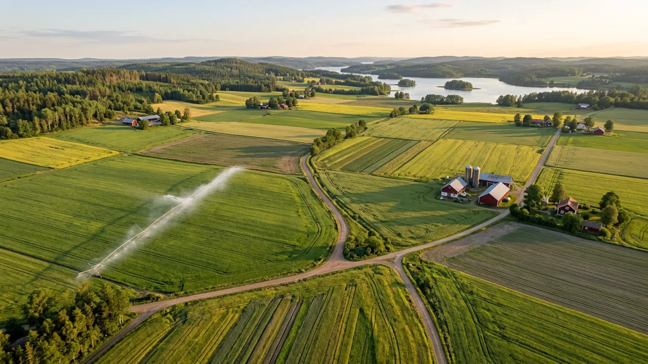 Bevattningsmaskin i full drift på ett skånskt potatisfält under en varm sommarnatt med orange horisont